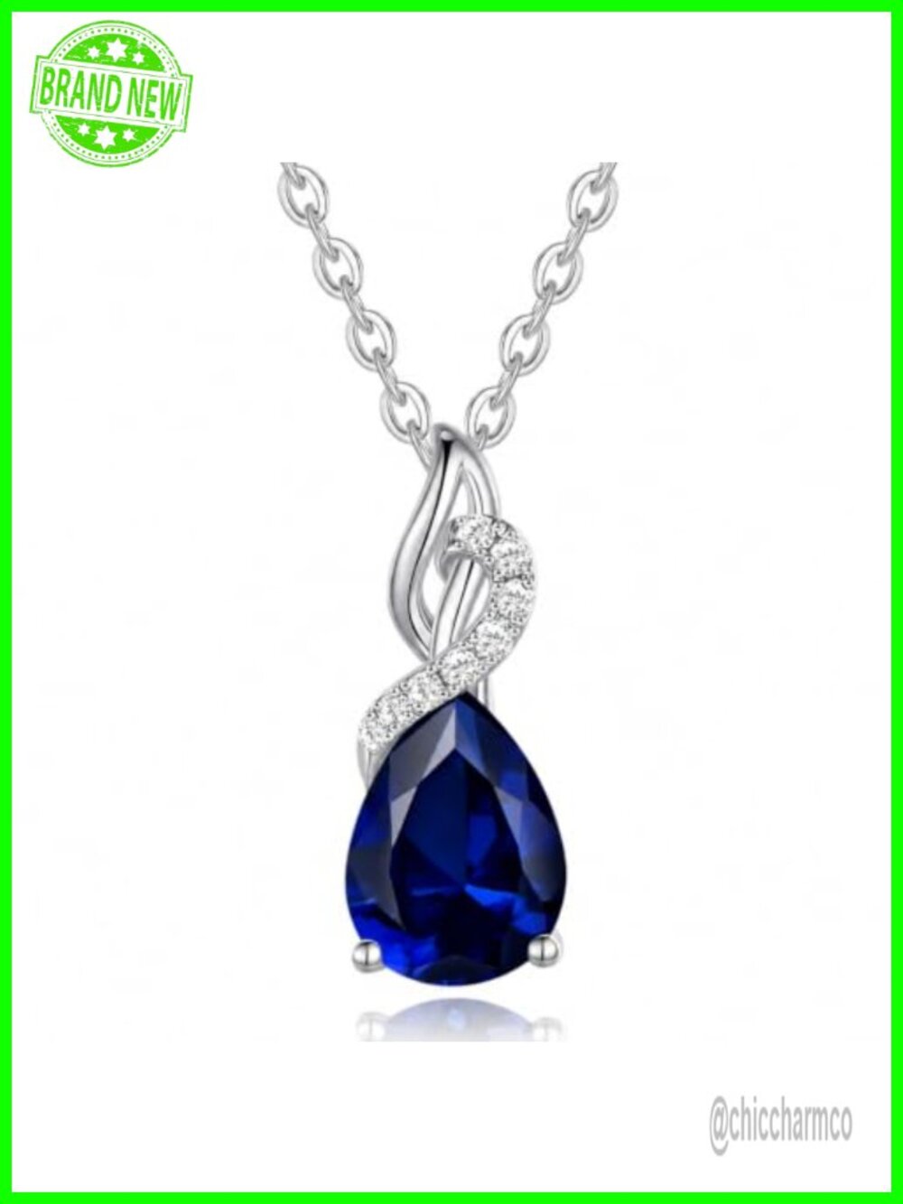 14K Solid White Gold Pear Birthstone Diamond Pendant Necklace Adjustable Chain